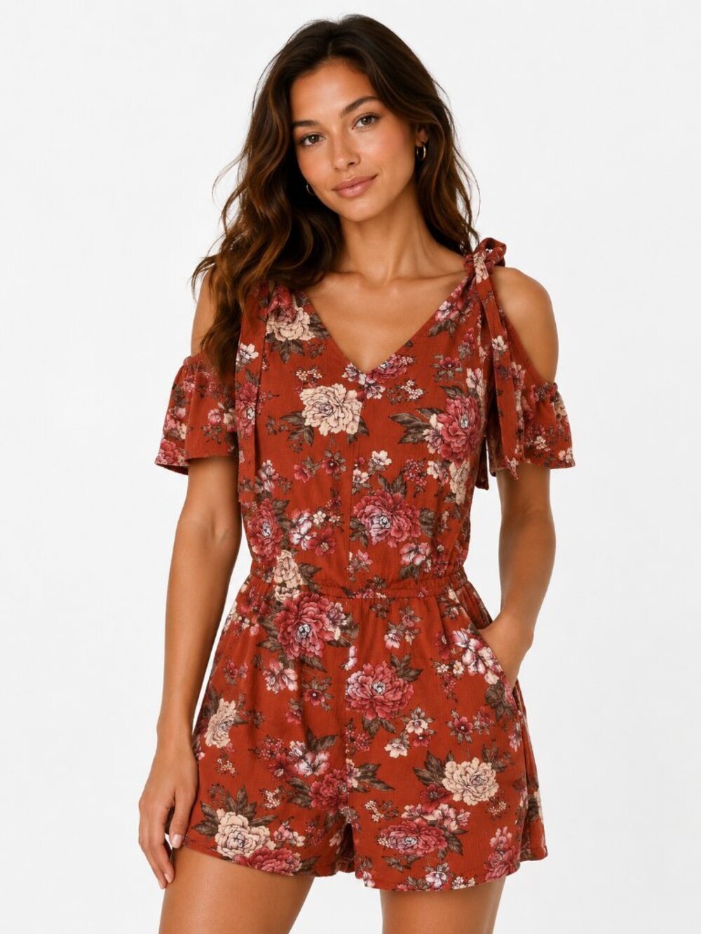 American Eagle Floral Cold Shoulder Romper Rust Pink XS